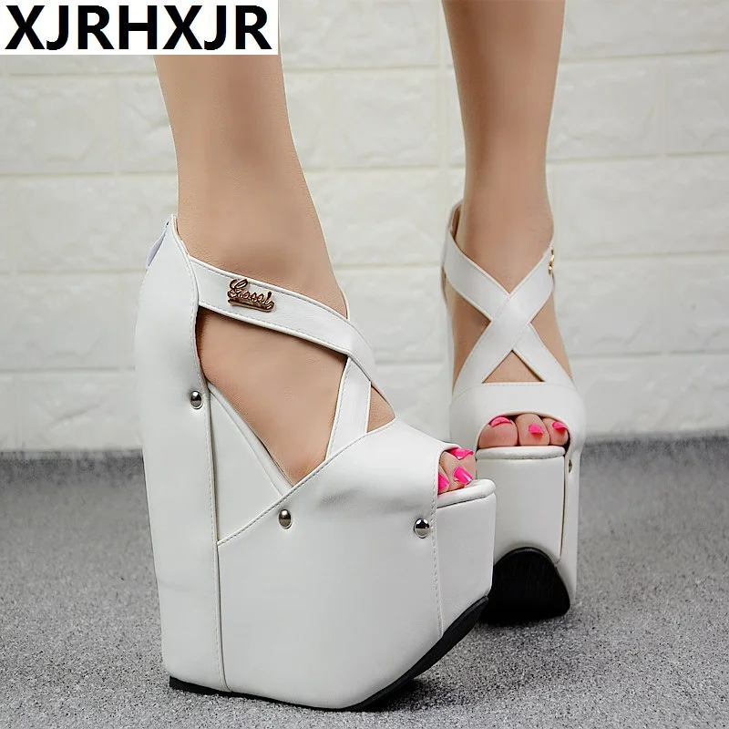 

European American Style Sexy Nightclub Women Shoes 18CM Simple Elegant High Heels Muffin Platform Super High Heel Wedge Sandals