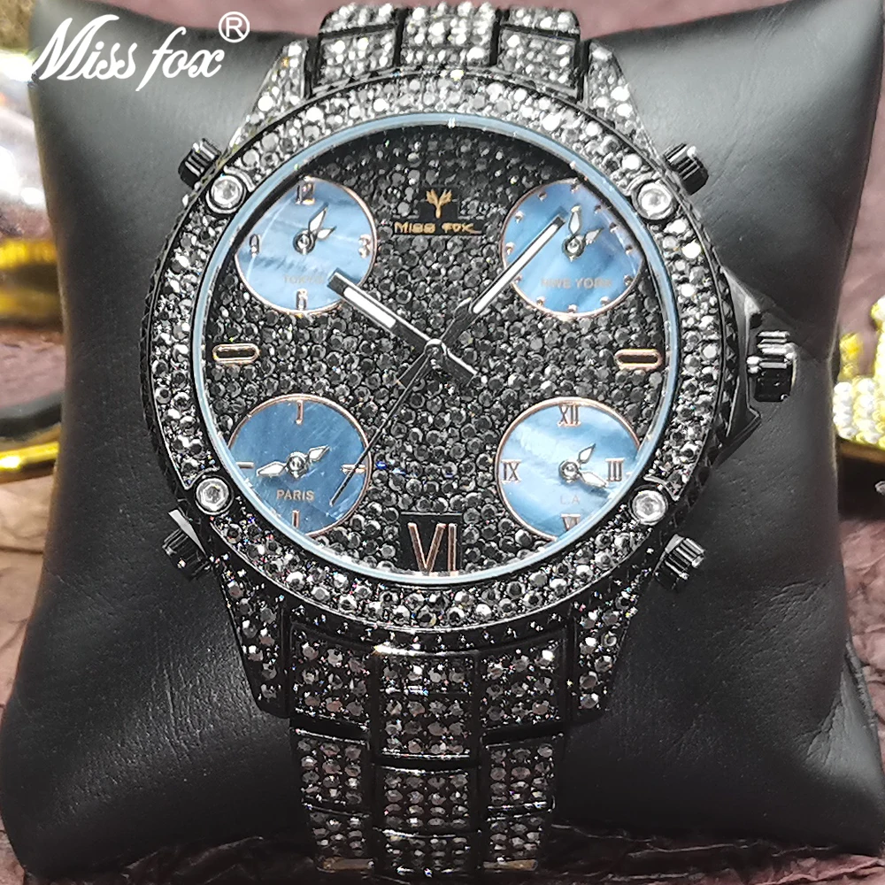 

MISSFOX 51mm Black Men's Fashion Business Watches Luxury 5 Time Zones Black Steel Seiko Movt Male Quartz Watch relogio masculino