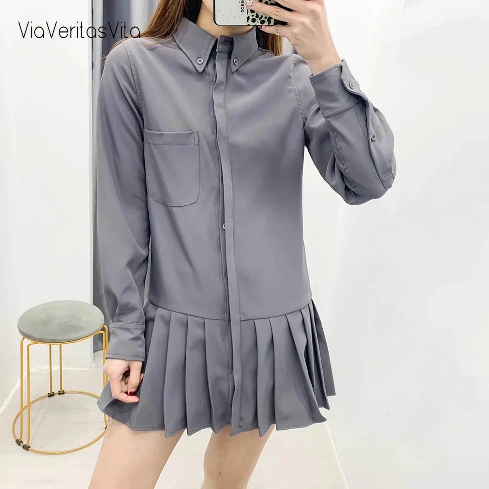 Новые женские платья-рубашки с длинным рукавом приталенные плиссированные