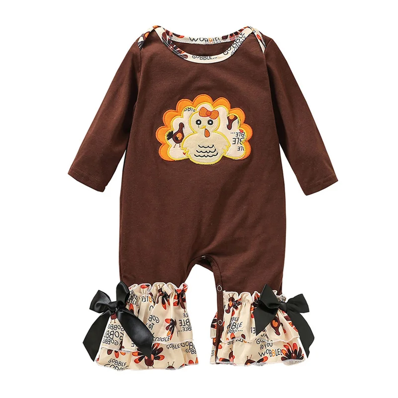 

Pudcoco 0-12M Romper Thanksgiving Day Festival Costumes Ruffles Turkey Cartoon Print Cute Long Sleeve Bowknot Flare Trousers
