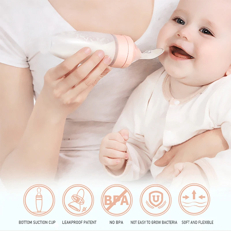 90ml Baby Silicone Rice Paste Bottle Baby Feeding Squeeze Spoon Newborn Silicone Dropper Feeding Cereal Milk Feeder Spoon Bottle