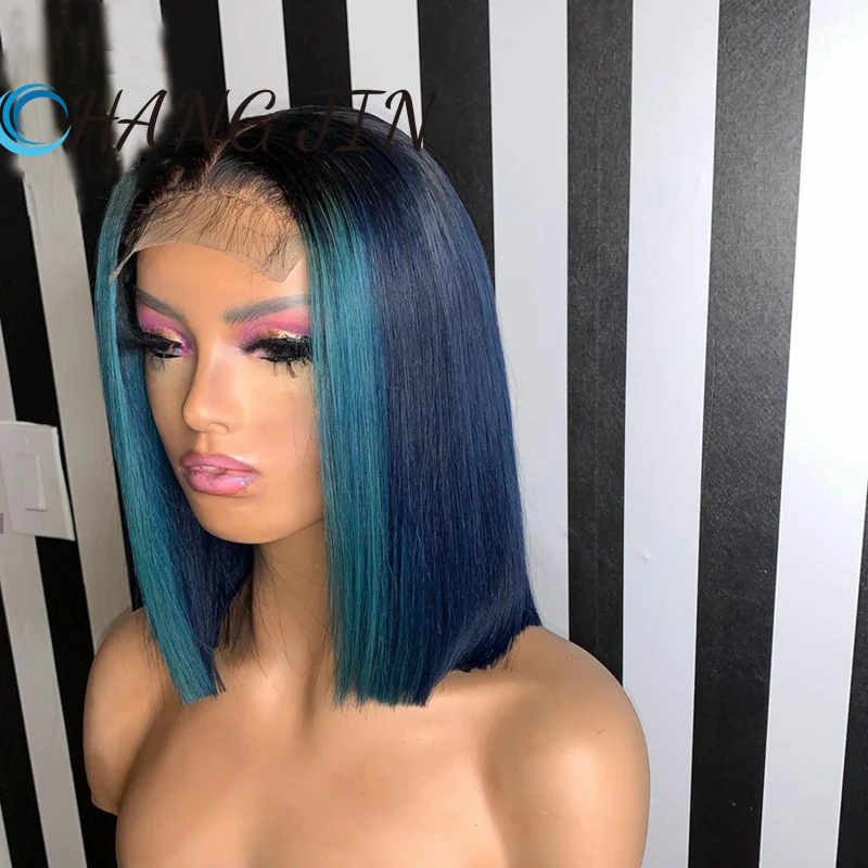 

13x6 Lace Front Remy Human Hair Bob Wigs For Women Highlight Color Blue Silky Straight Bob Wig Preplucked Hairline