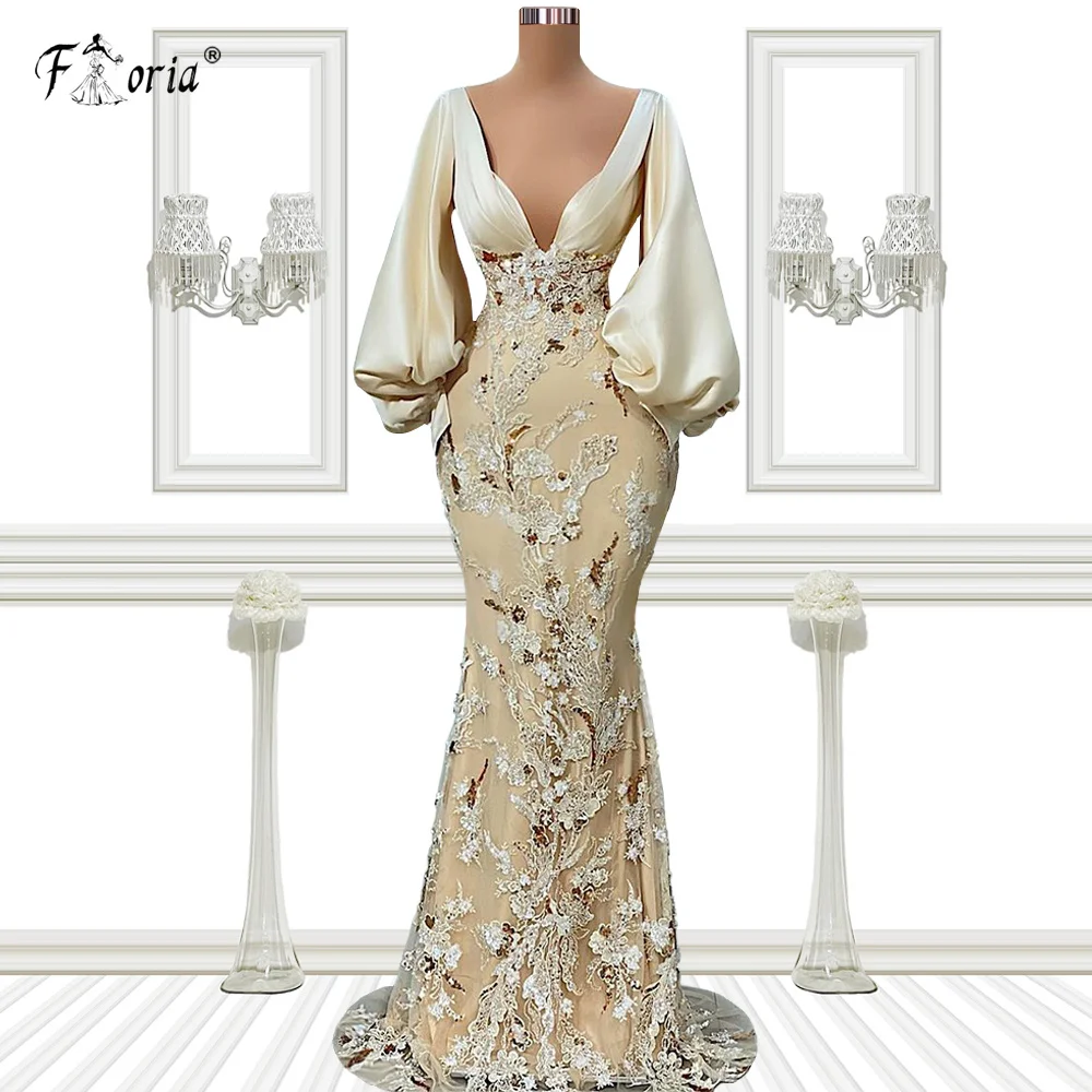 2022 Elegant Long Mermaid Evening Dresses Formal Apricot Lantern Sleeve Floral Lace Beaded Night Party Gowns Vestidos Formales
