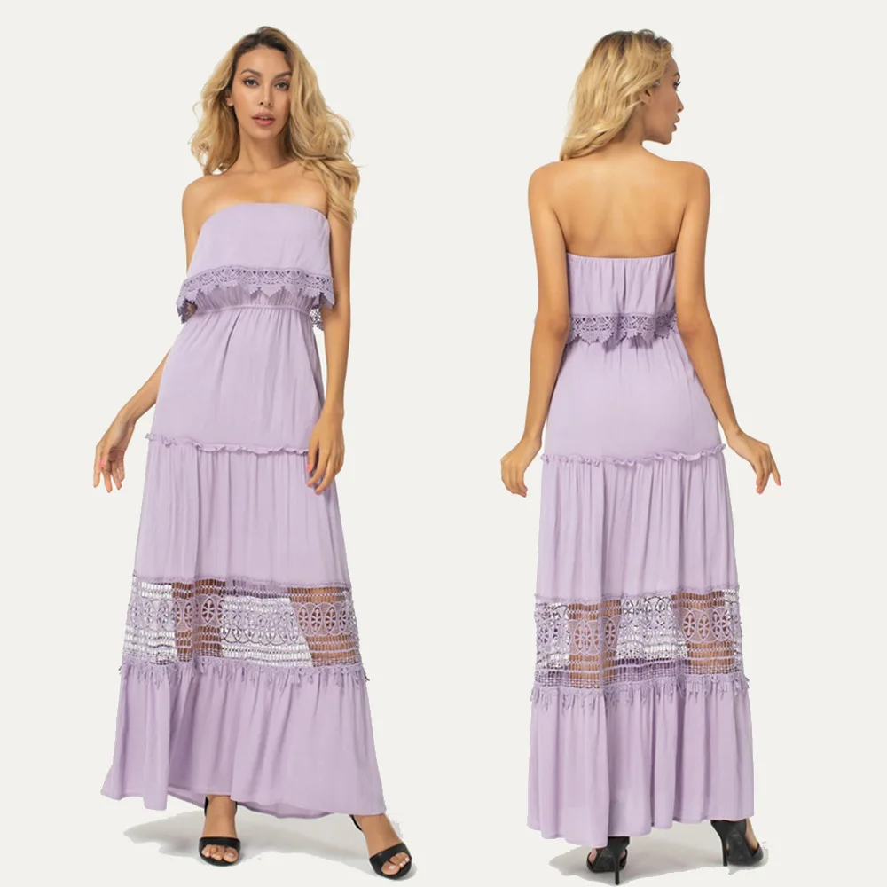Женское пляжное платье без бретелек фиолетовое длинное трапеция из хлопка с