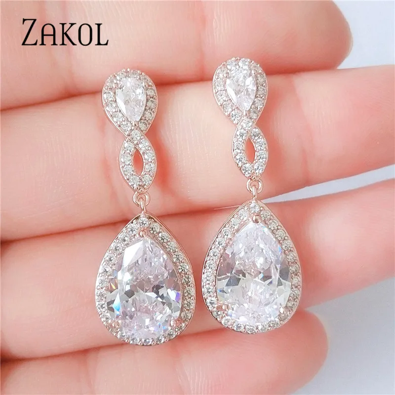 ZAKOL модные AAA + капли воды циркония Кристалл Висячие серьги Свадебные ювелирные