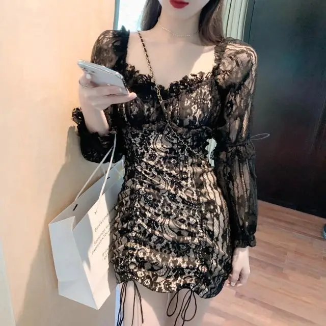 

2020 Women Sweet Drawstring Wrap Mini Sexy Dress Romantic Lady Lace Up square neck Long Sleeve Summer spring DressSheer Tops