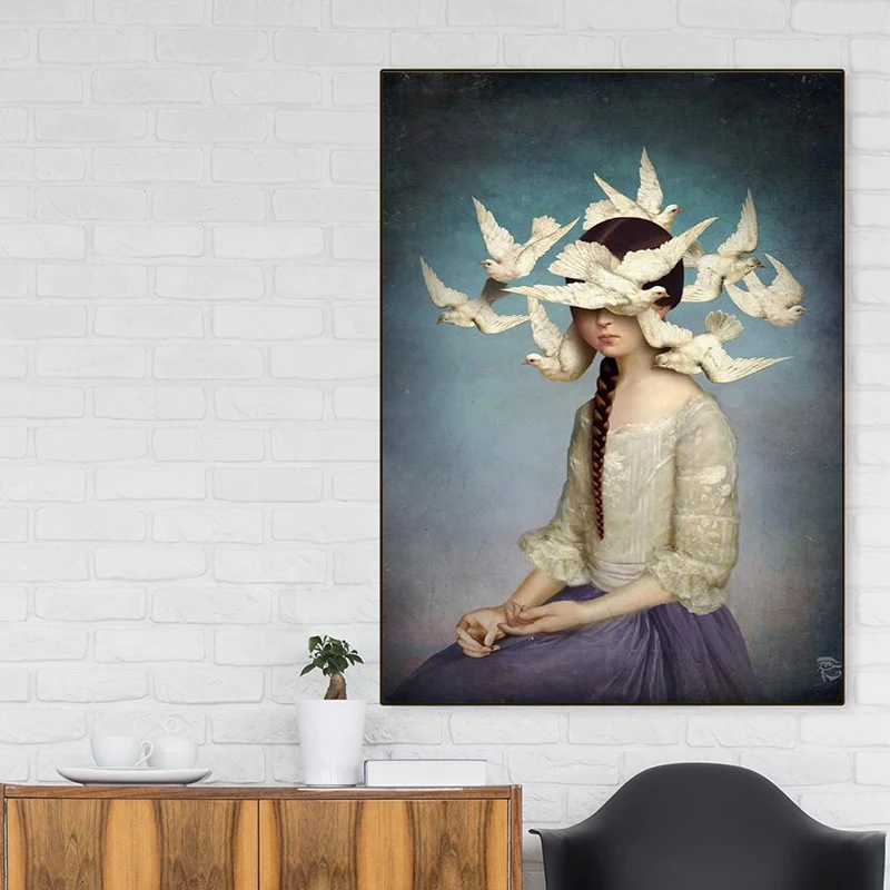 

Nordic Art Girls Canvas Paintings Bird of Peace Surround The Girl Posters and Prints Wall Art Picture for Living Room Home Decor