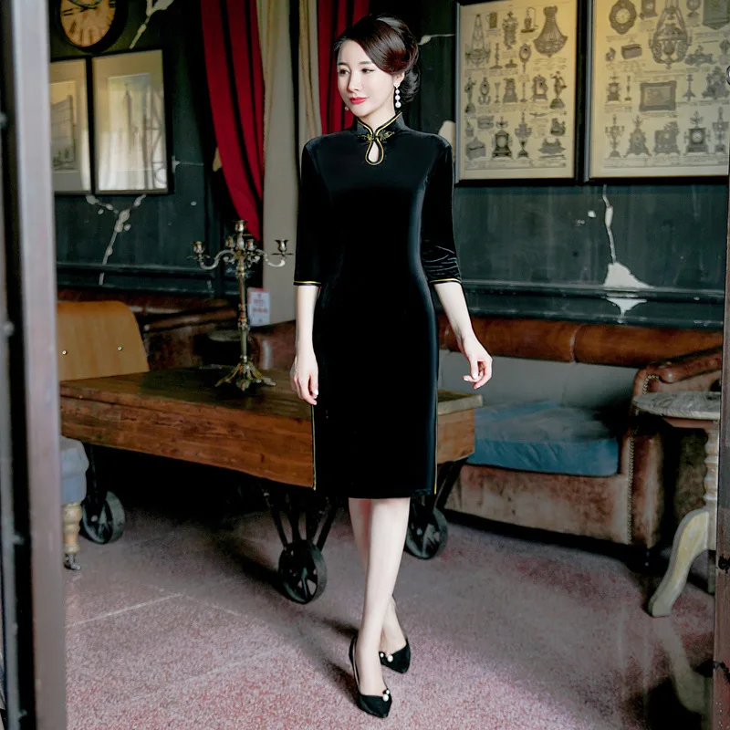 

Elegant Solid Qipao Vestidos Plus Size M-4XL Autumn Velour Chinese Women Dress Classic Mandarin Collar Cheongsam