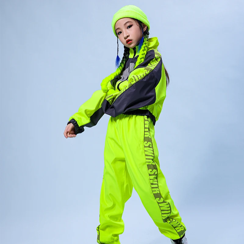 

Fluorescent Yellow Hip Hop Dance Outfit Girls Long Sleeve Jacket Hip-Hop Pants Jazz Performance Clothes For Kids Wear 120-170