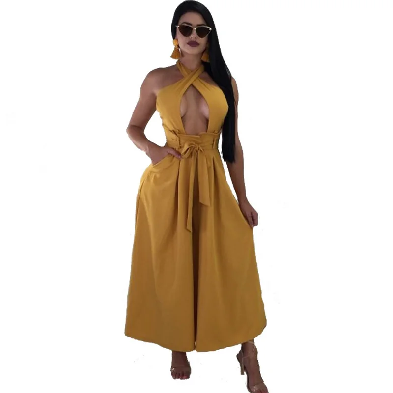 

Sexy Backless Waist Belted Wide Leg Jumpsuit Women Halter Neck Hollow Out Sleeveless Casual Romper Pants Elegant Party Overalls