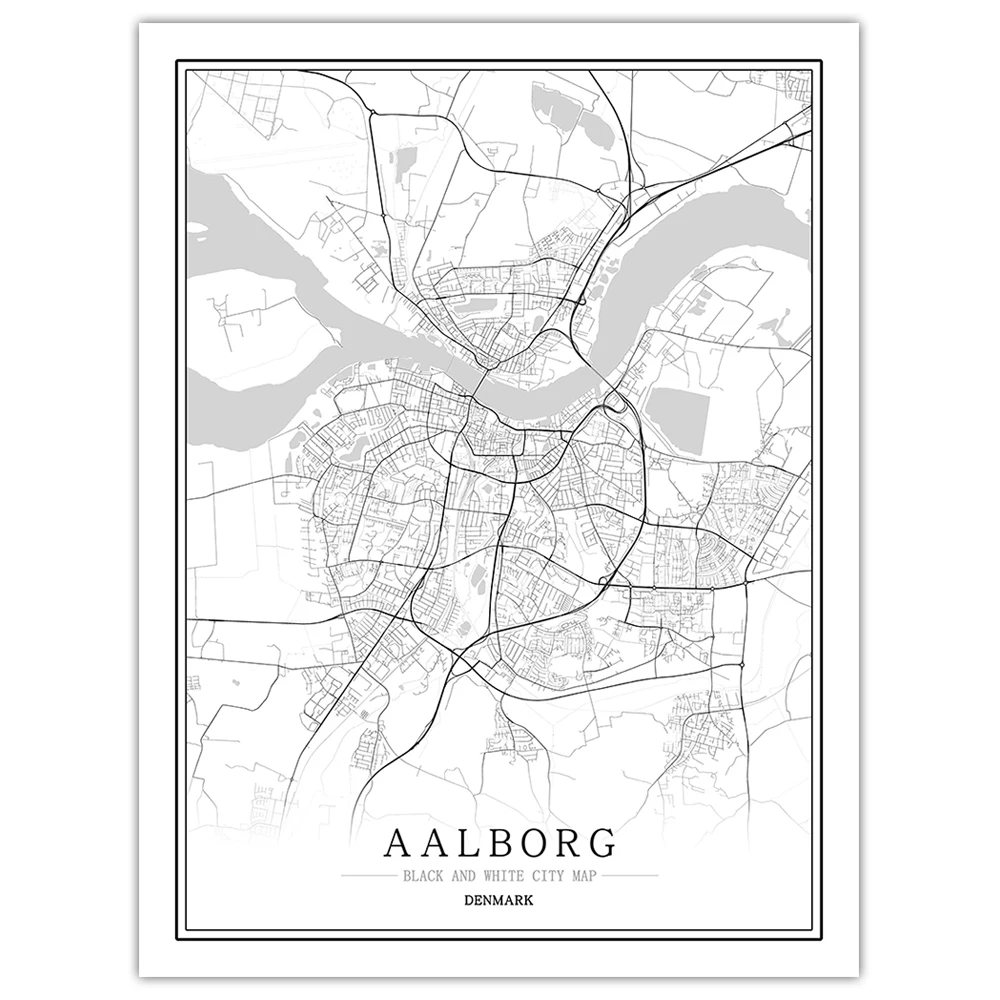 Aalborg Дания черный белый мир Карта города плакат Скандинавская гостиная copenhen Odense настенные художественные картины Домашний декор холст живопись - Цвет: Aalborg