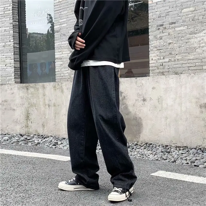

Men Jeans Solid Drawstring Denim Full Length Straight Loose Males All-match Trendy Punk Baggy Retro Leisure Chic Cowboy Trousers