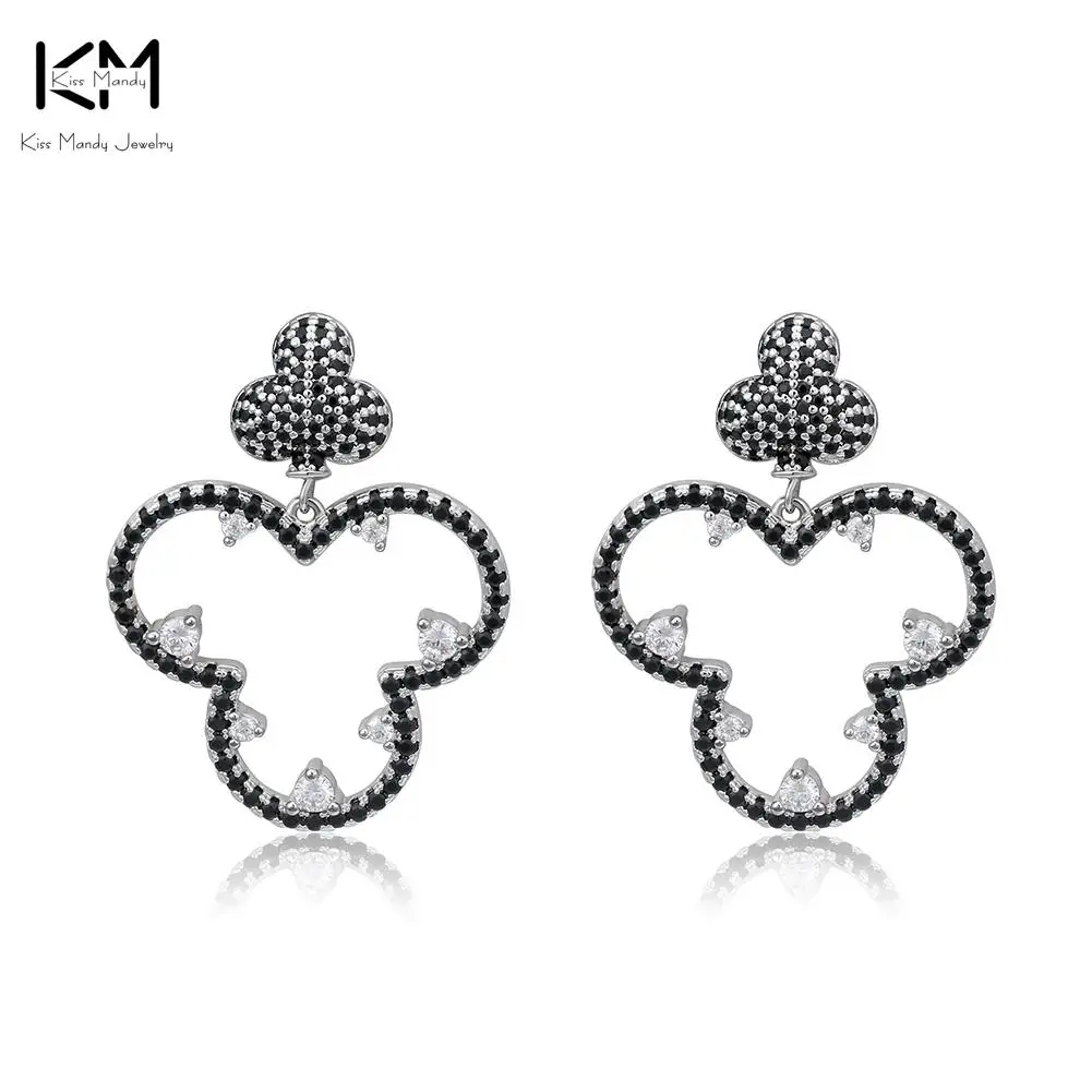 

KISS MANDY Original Design Hollowed Stud Earrings for Women Black Cubic Zirconia Statement Earrings Party Brass Jewelry OE229