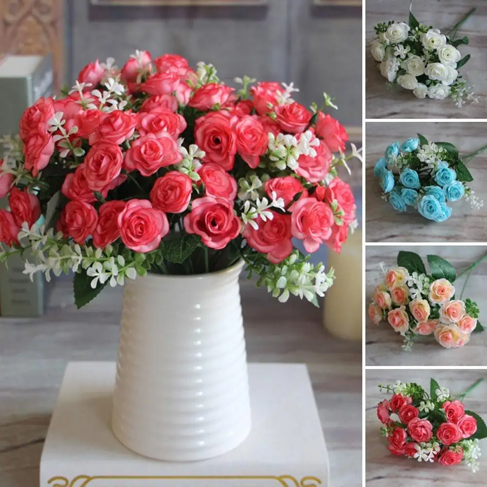 

15Heads/Bouquet Artificial Rose Flower Home Restaruant Bar Decoration Xmas Party Decoration Fake Flowers Marrige Decorations