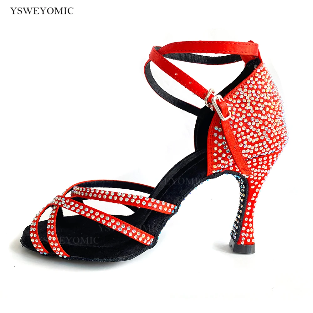 Women Dance Shoes 2021 New Summer Salsa Passion Style Red Satin Rhinestones on Sole 10cm to 5cm Customized Dance Shoes Latin