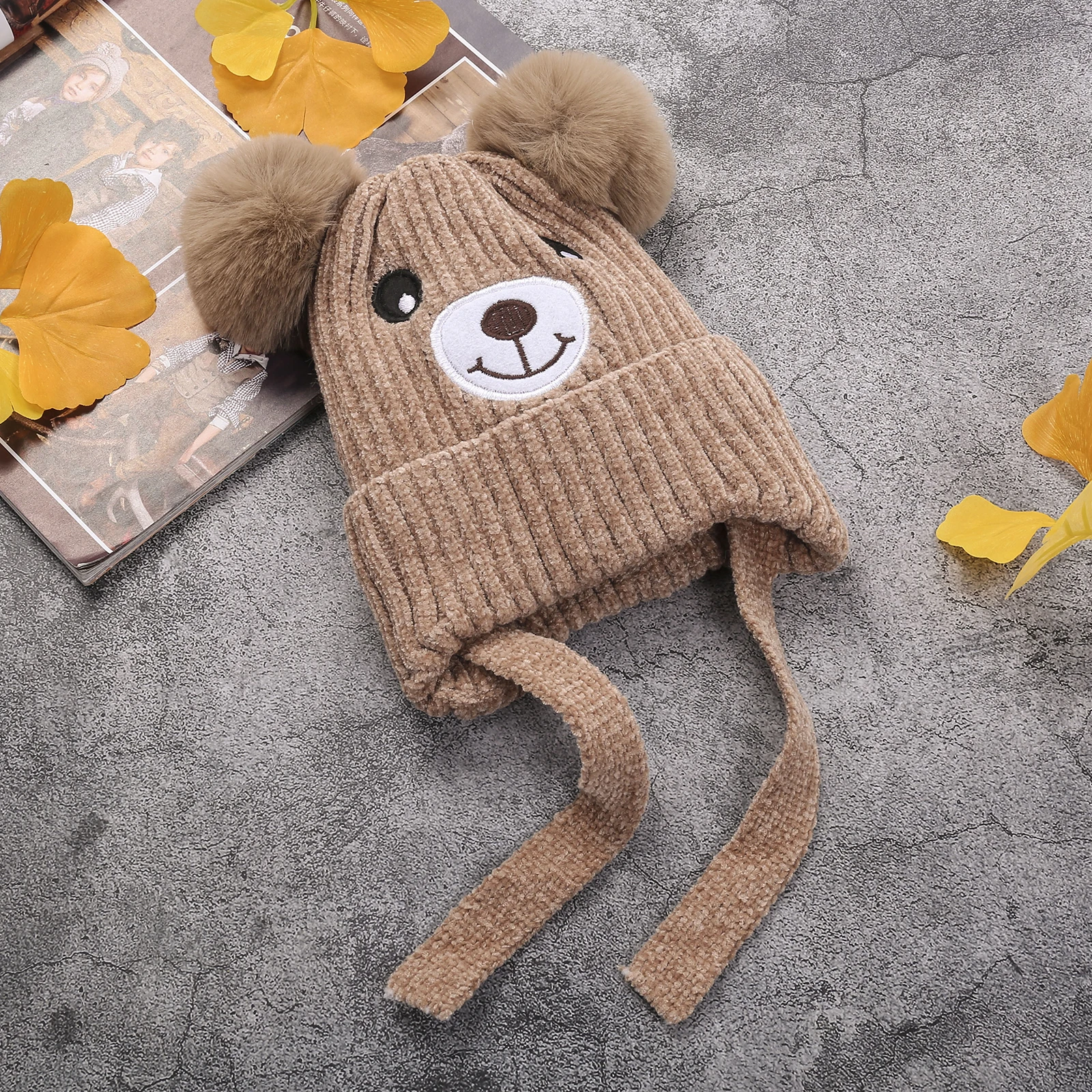

Baby Knit Beanie Hats Cartoon Bear Winter Warm Fleece Lined Casual Beanie Cap with Double Pom Pom Boys Girls Hat