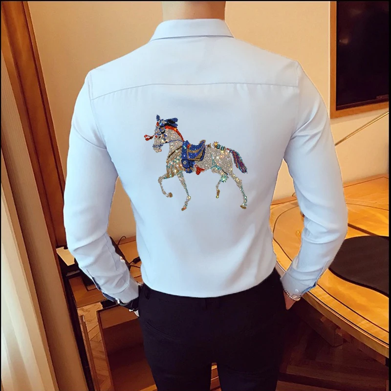 Hot Diamond Bee Men's T-Shirt Button Long Sleeve Delicate White Lapel Design Homme Blouse Spring Black Slim Casual Top