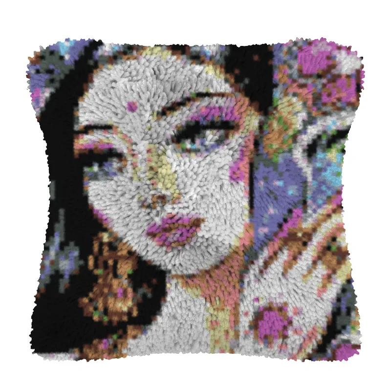 

Girl Pillow Case Canvas Acrylic Yarn Latched Hook Pillow Kits Crochet Cushion Cover Latch Hook Cushion