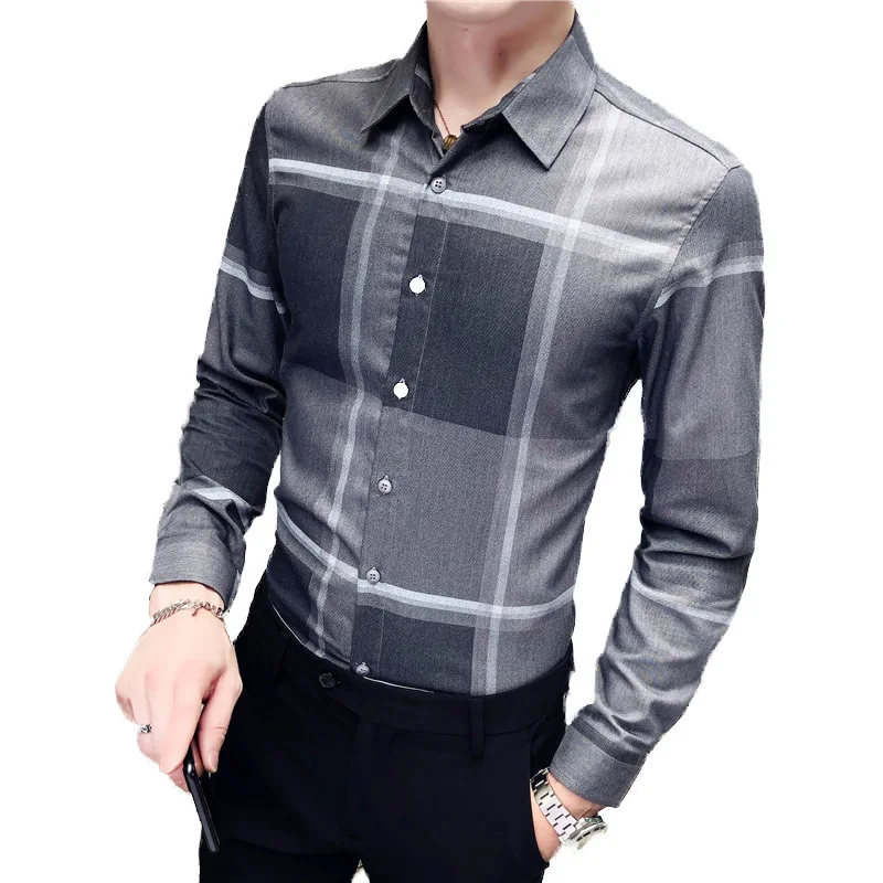 

Men's shirt spring 2021 high quality printed plaid long-sleeved lapel casual slim fashion men's clothing top wrinkle-free shirt