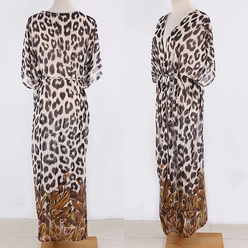 

2020 Sexy Cover Up Fashion New Women Leopard Print Beach Bikinis Beach Dress Female Chiffon Long Sunscreen Blouse Tops Swimsuit