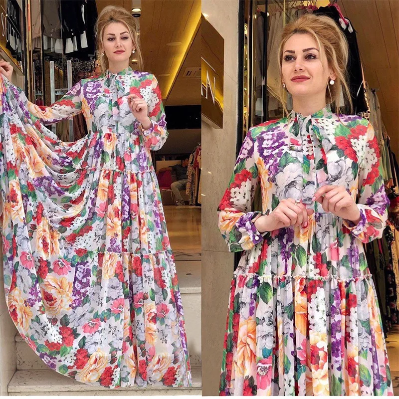 Elegant Chiffon Floral Dress African Print Maxi Dresses for Women Muslim Islamic High Waist Abaya Kaftan Turkish Party Gown