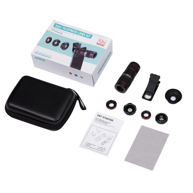 

New Super Black Color Multi 5 In 1 12X Adjustable Telephoto Lens Wide Micro-Angle Fisheye Lenses With Portable Case