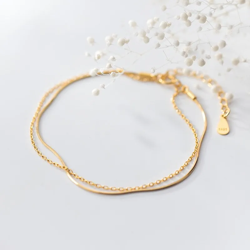 100% 925 Sterling Silver Double Layer Gold Color Plated Snake Chain Charm Bracelets Fine jewelry for Women Girls | Украшения и