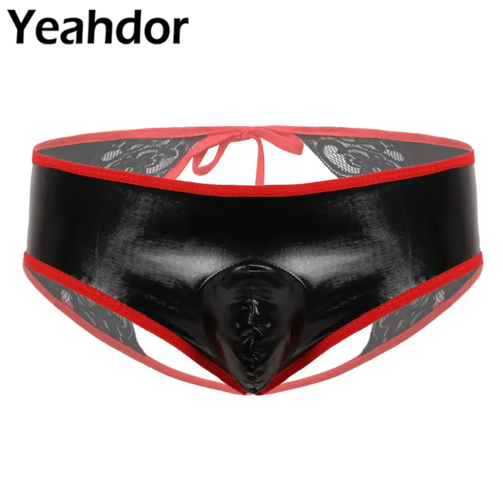 Мужские Блестящие трусики с металлической кружевной отделкой черные красные