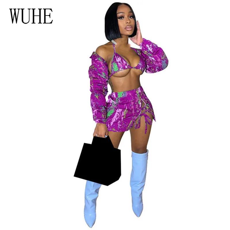 

YEYA Print Streetwear Three Piece Zipper Long Sleeve Top and Bra +hollow Out Banndage Lace Up Mini Skirts Party Nightclub Sets