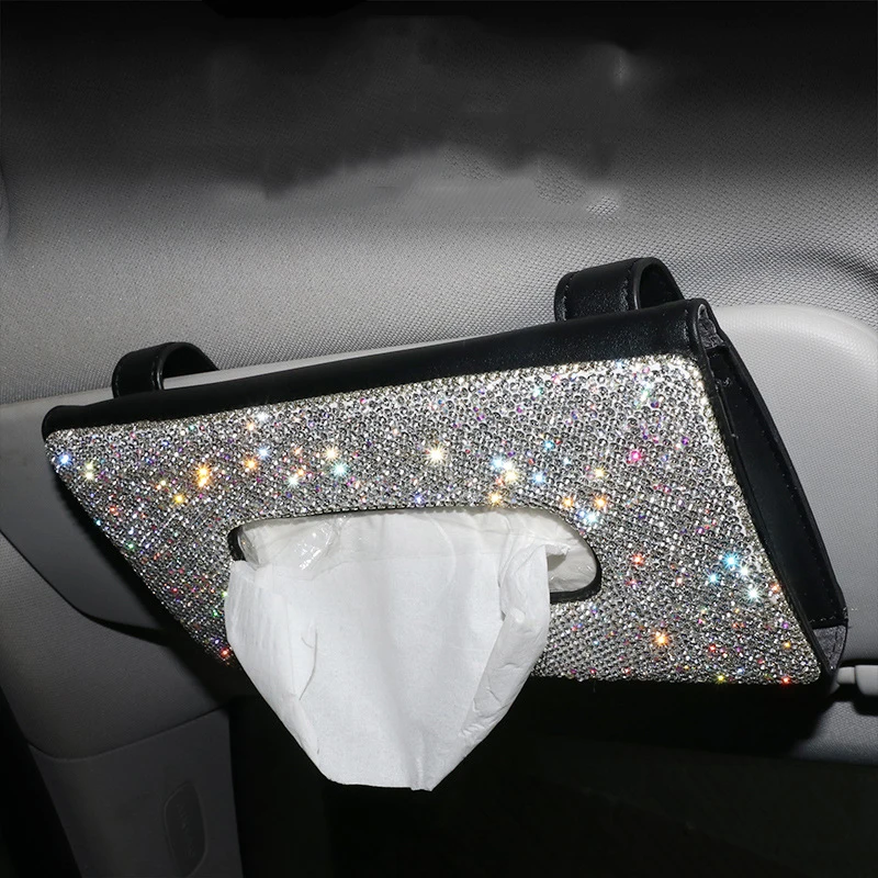 

Leather Car Sun Visor Tissue Holder Luxury Rhinestones Napkin Storage Box Organizer For Girls Women Automotive Accessories Gadge