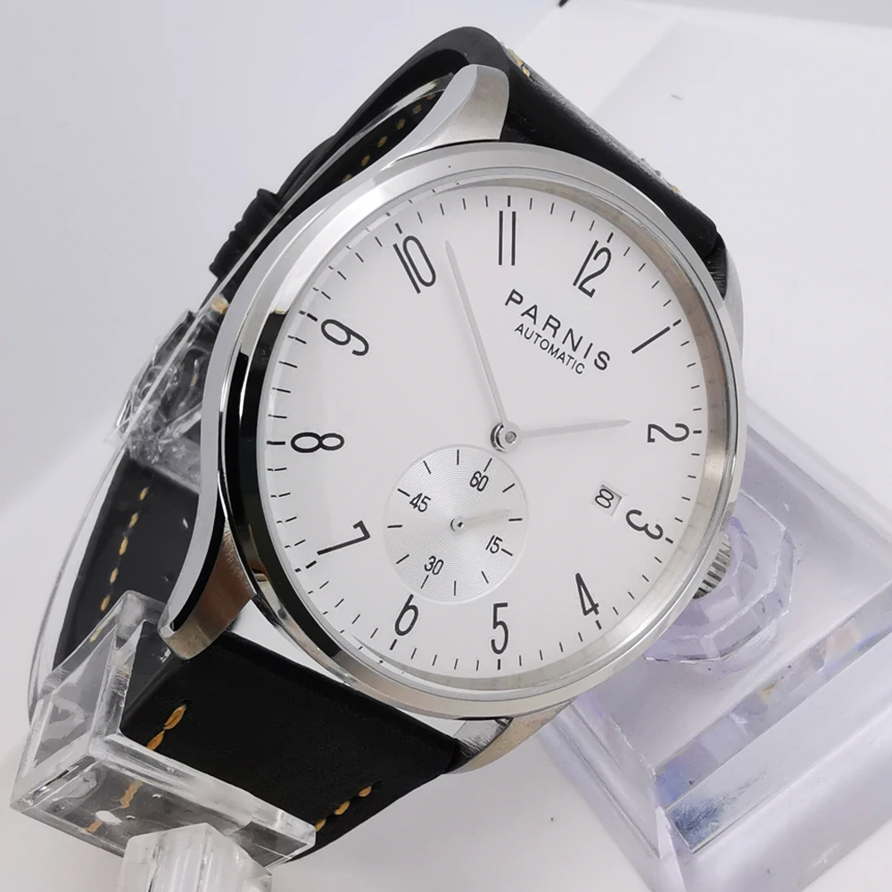 Mens Watch 42mm PARNIS white Arabic numerals dial date window st1731 automatic men s watch 316L Stainless steel