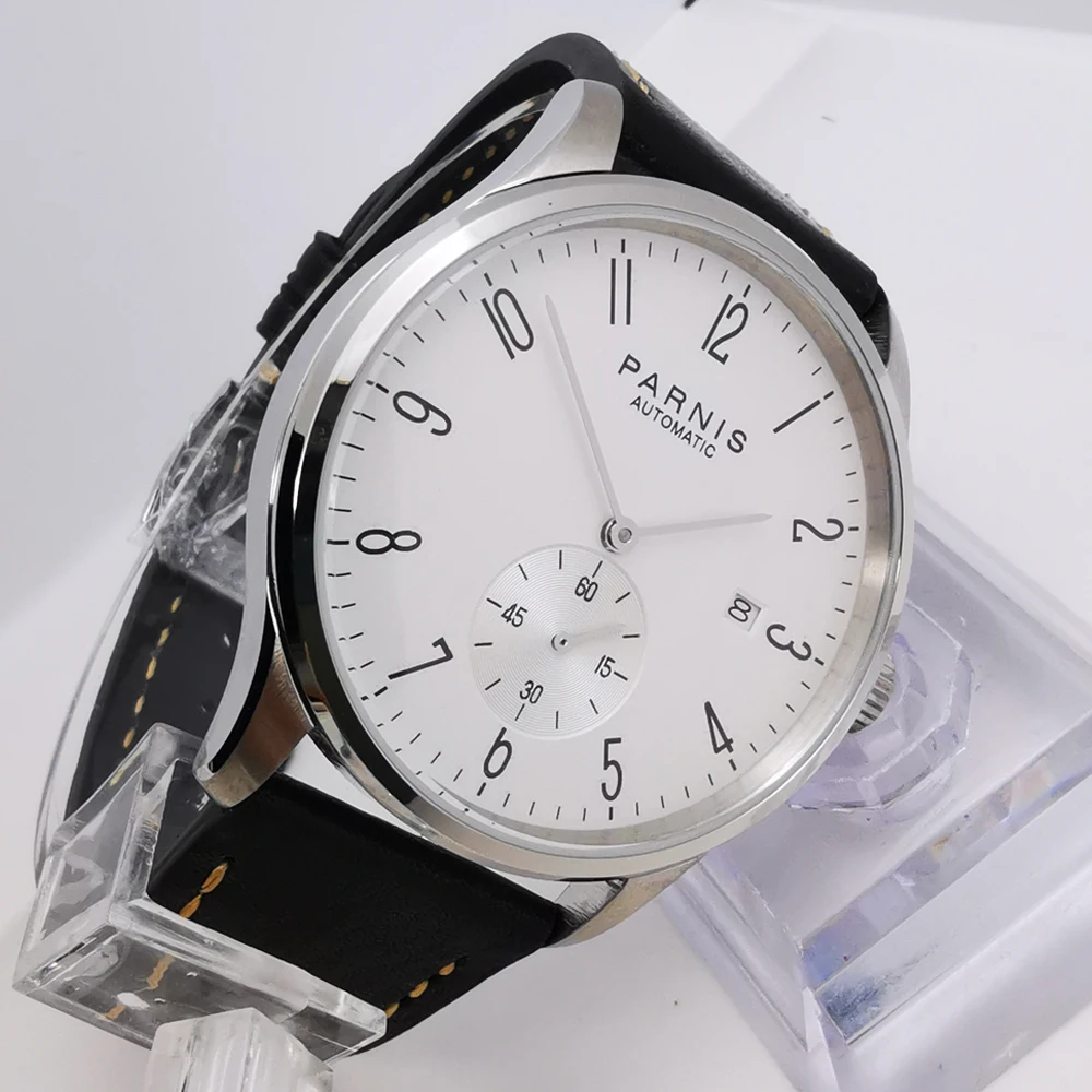 

Для мужчин s Watch 42 мм PARNIS белый циферблат с арабскими цифрами окошко даты st1731 автоматический Для мужчин, мужские часы, 316L из нержавеющей стали