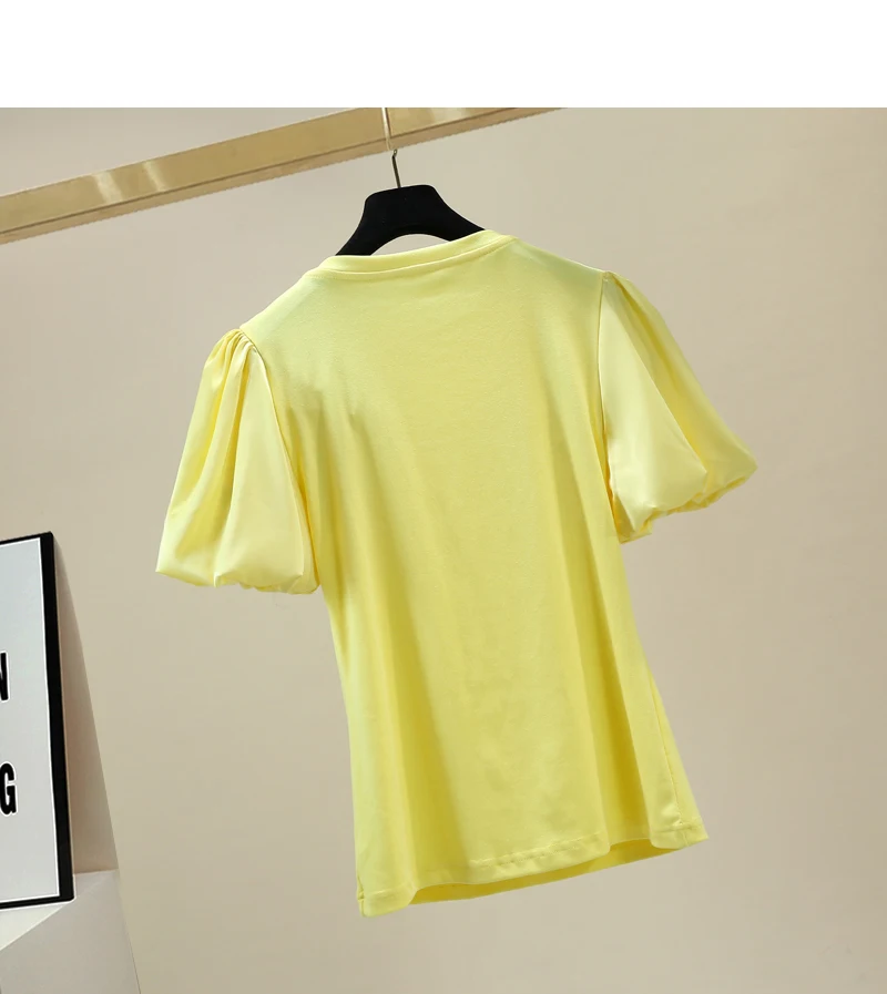 

2021 Summer New Fashion Solid Exquisite Rhinestone Stitching Ladies Top Tees Women Puff Sleeve Round Neck Short Sleeve T-shirt