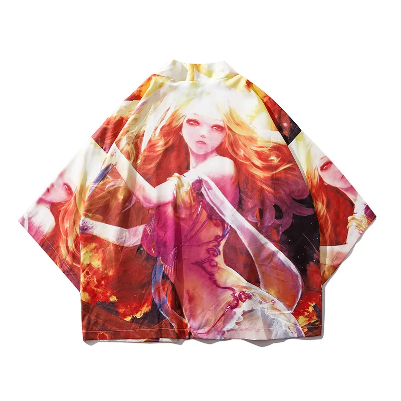 

2020 Japanese Kimono Jacket Fire Gile Printed Hip Hop Men Jackets Streetwear Summer Thin Harajuku Clothing Japan Style Kimono