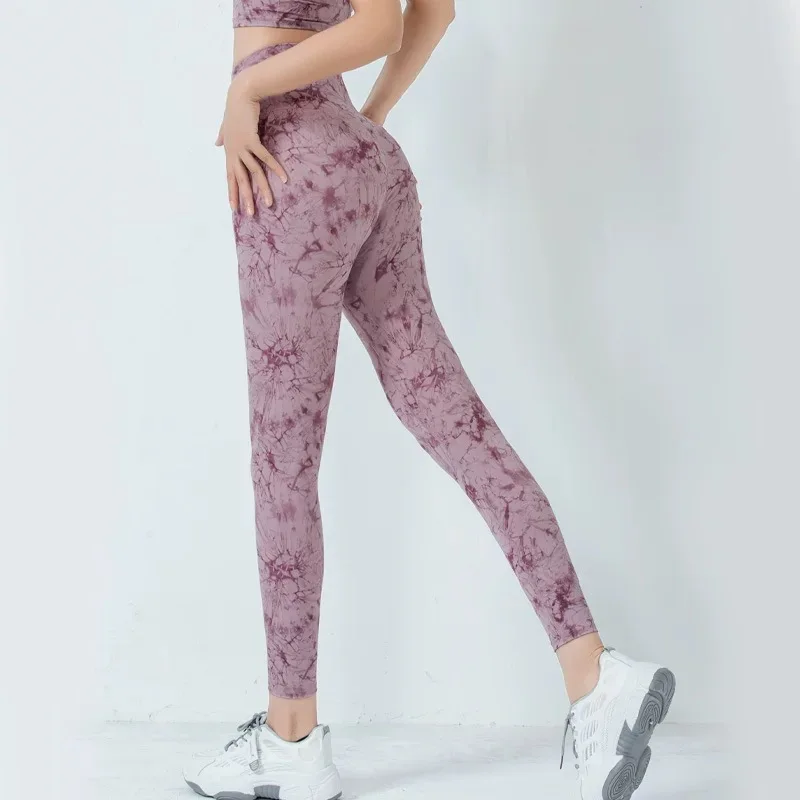 

KE fashion color tie-dye printing high waist hollow training running fitness yoga pants Pilates sports leggings