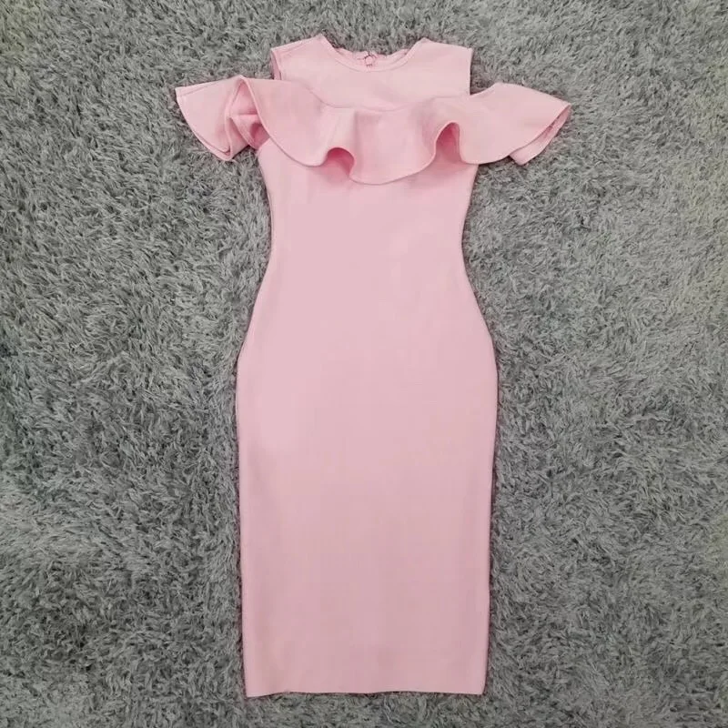 

Sale Women Sexy Fashion Ruffles Pink Rayon Bandage Dress 2019 Ladies Designer Evening Party Dress Vestido