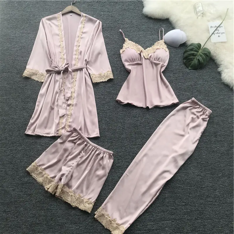 Женская одежда для сна сексуальные пижамы набор из четырех предметов шелковая