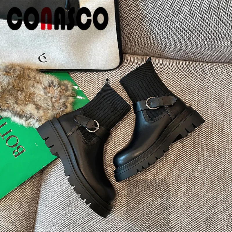 

CONASCO 2021 Women Short Boots Autumn Winter Warm Cow LeatherBasic Shoes Brand Design New Arrival Rounded Toe Woman Boots