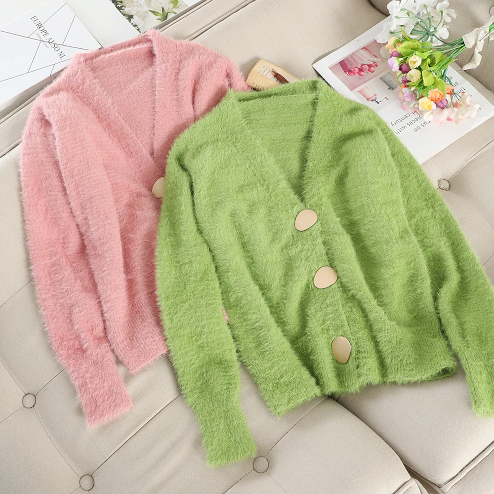 SINGRAIN норковый кашемировый вязаный кардиган Женская мода осень джемпер корейский