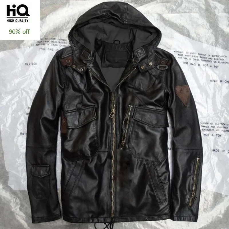 Черные камуфляжные Куртки из натуральной кожи с капюшоном мужские повседневные