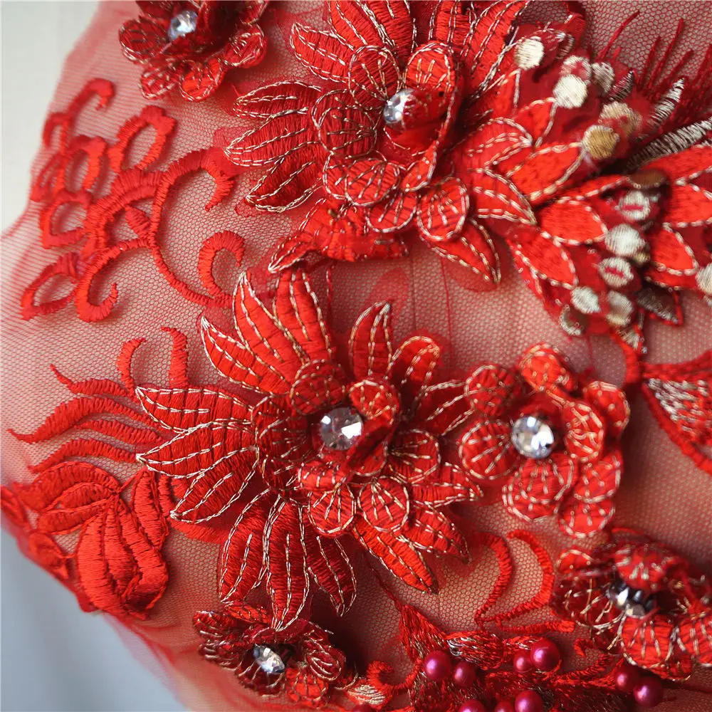 Кружевные тканевые бусины с красными цветами вышитая аппликация для платья