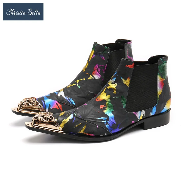 

Christia Bella Fashion Colorful Print Men Party Ankle Boots Pointed Toe Chelsea Boots Nightclub Dress Shoe Motorcycle Short Boot