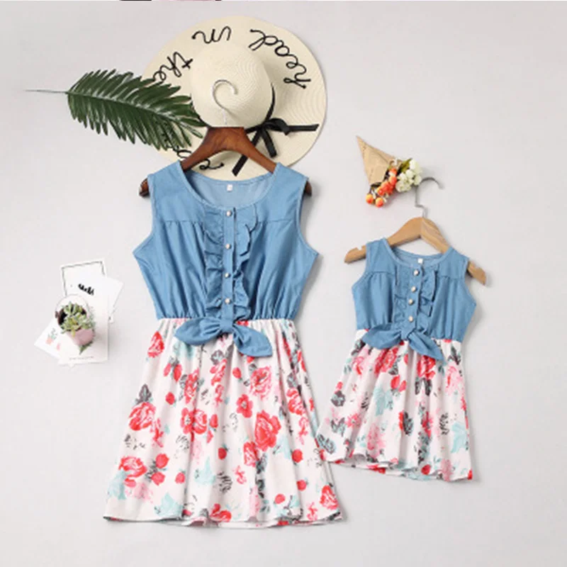 Summer Mother Daughter Dresses Sleeveless Mommy And Me Family Matching Clothes Kids Girl Ruffles Floral Patchwork Mini Dress | Мать и