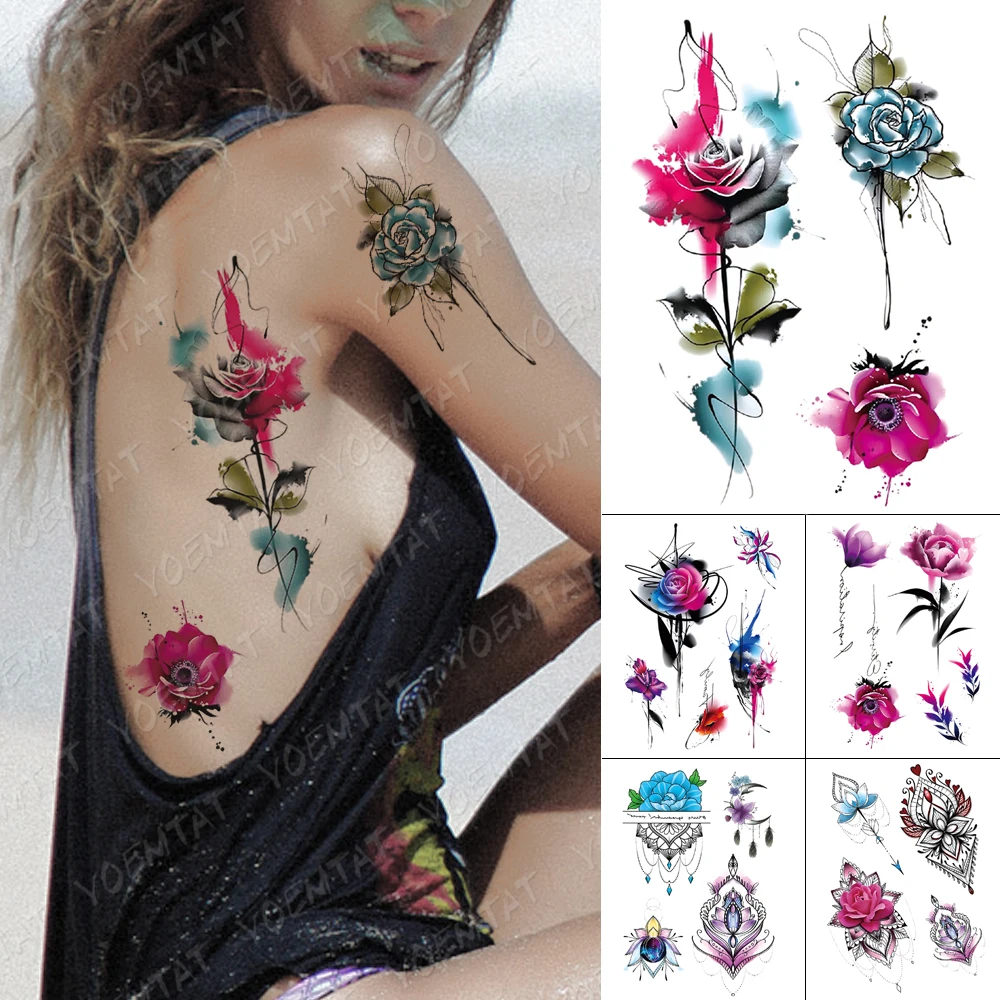 

Waterproof Temporary Tattoo Stickers Rose Peony Flower Butterfly Flash Tattoos Female Arm Body Art Watercolor Fake Sleeve Tatoo