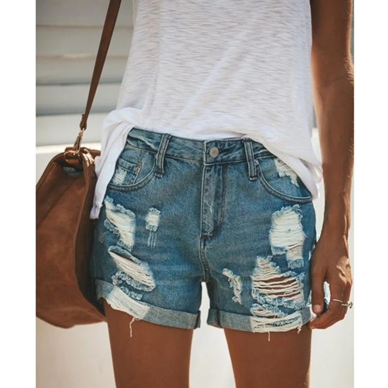 

Women Fashion Casual Shorts Hole Streetwear High Waist Summer Denim Pocket Distressed Ripped Jeans Tassel Shorts
