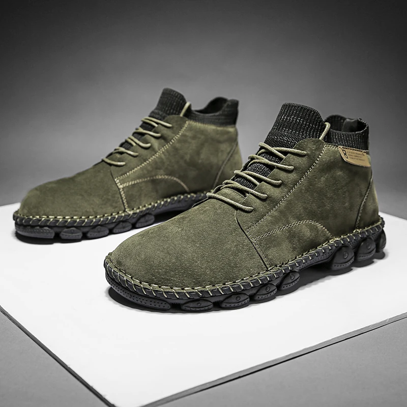 Мужские замшевые ботинки черные из коровьей замши Нескользящие до щиколотки