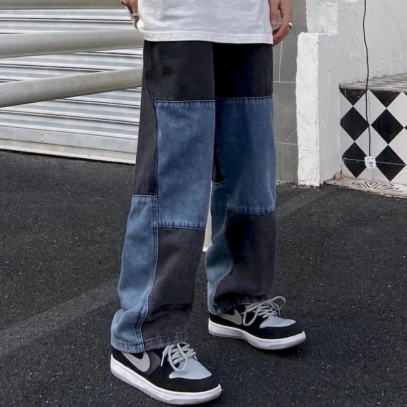 

New Autumn Spring Harajuku Jeans Men's Straight Pants Vintage Patchworked Wide Leg Pants Loose Punk Trousers