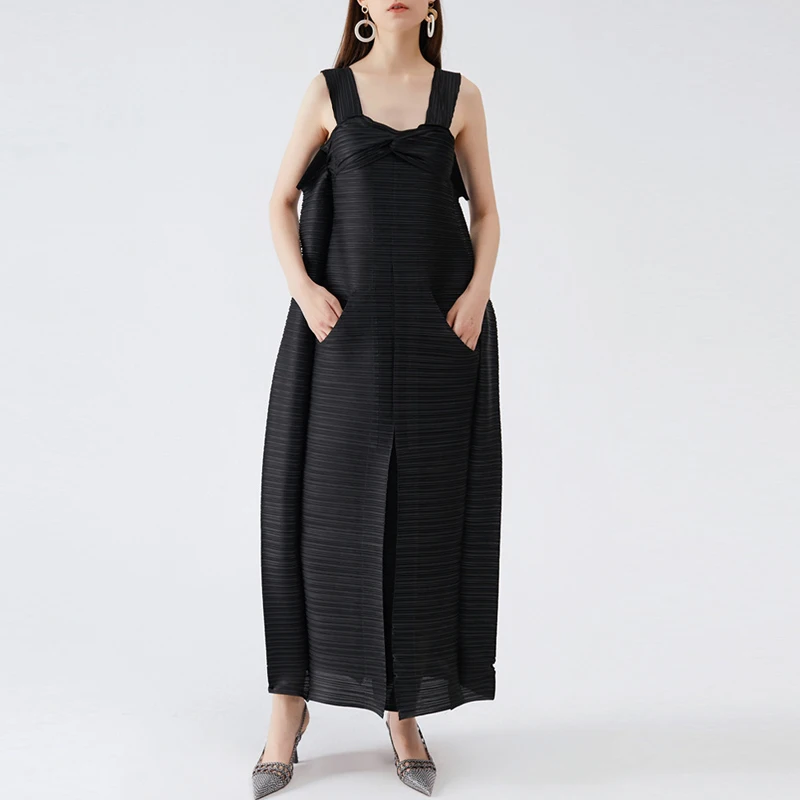 2022 summer sexy dress miyake pleated niche loose plus size ruched black dress for woman casual vintage folda clothing