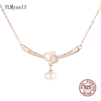 real 925 silver heart pendant with 8 mm natural freshwater pearl 40 cm chain rose gold plated necklace lovely fine jewelry