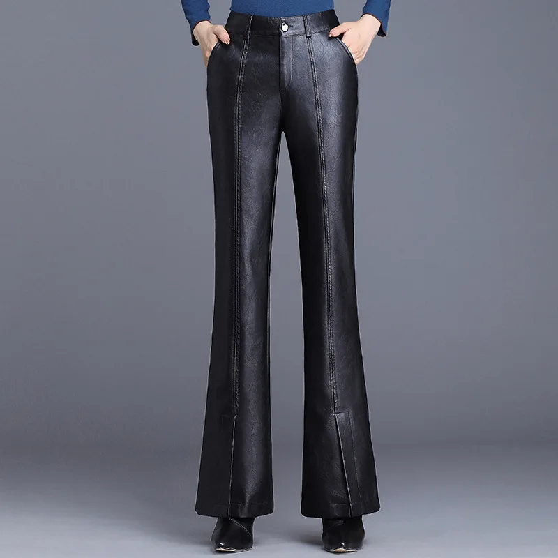 Black Faux Leather Pants Women Autumn Winter High Waist Slim Office Ladies Formal Flare Pu Trousers Slit Work Big Size 4XL | Женская